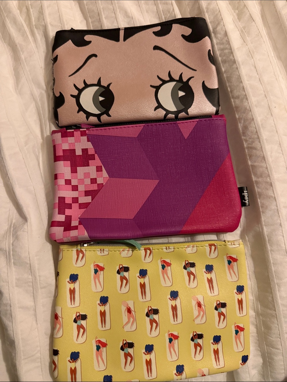 ipsy Pink & Yellow Trio Cosmetic Pouches with Betty Boop Face Top